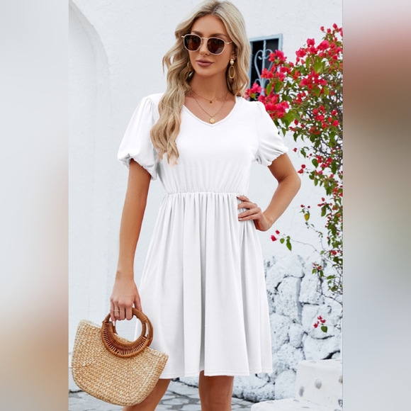 V-Neck Balloon Short Sleeve Dress. Hit The Like ♡ Button For SALE Price - Picture 3 of 4